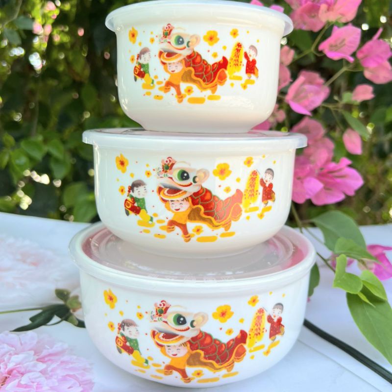 Bộ 3 Thố Sứ Đựng Thực Phẩm- Mẫu Ngẫu Nhiên - Có Nắp Hút Chân Không- Hoạ Tiết Ngẫu Nhiên