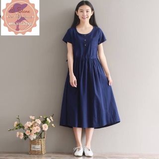 Đầm xanh đen thắt eo tay ngắn phong cách nhật bản