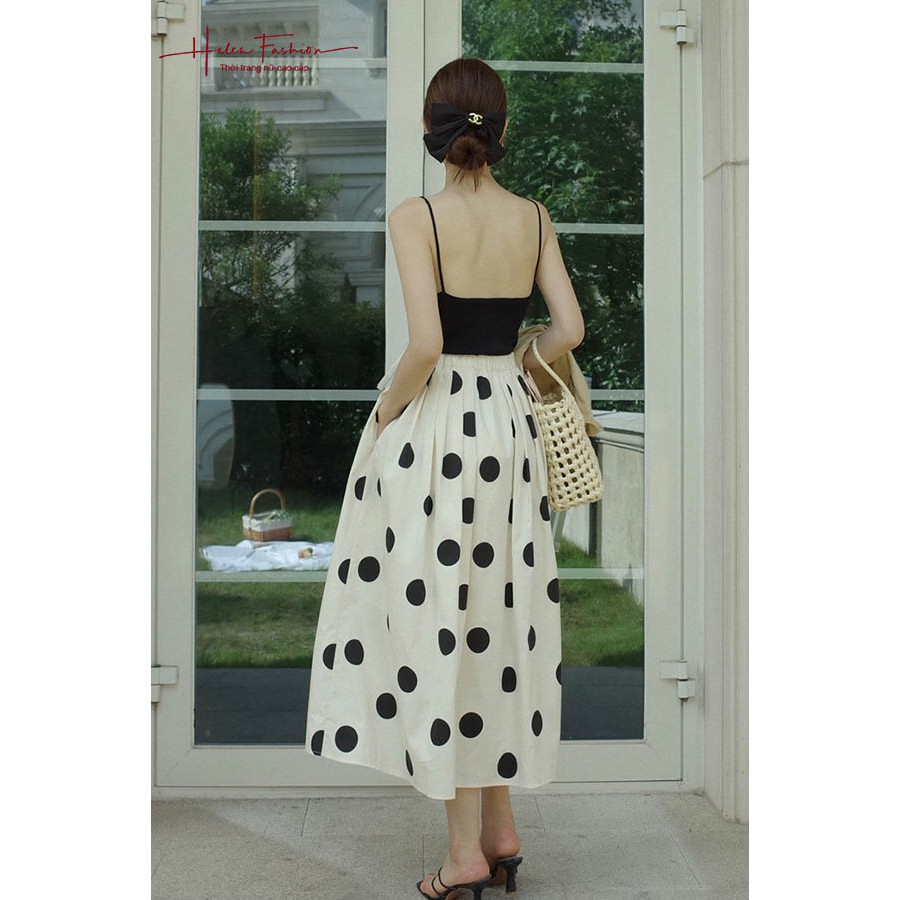 Chân váy chấm bi,  Chất lụa hàn, mềm mát, váy 2 lớp, đai bán chun