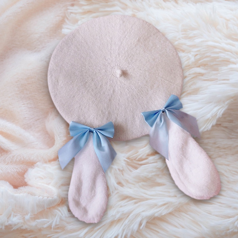 Mũ Nồi Bằng Len Đính Nơ Tai Thỏ Phong Cách Lolita Cổ Điển Giữ Ấm Mùa Đông Cho Nữ