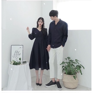 Set váy thắt eo cổ V xanh navy thanh lịch