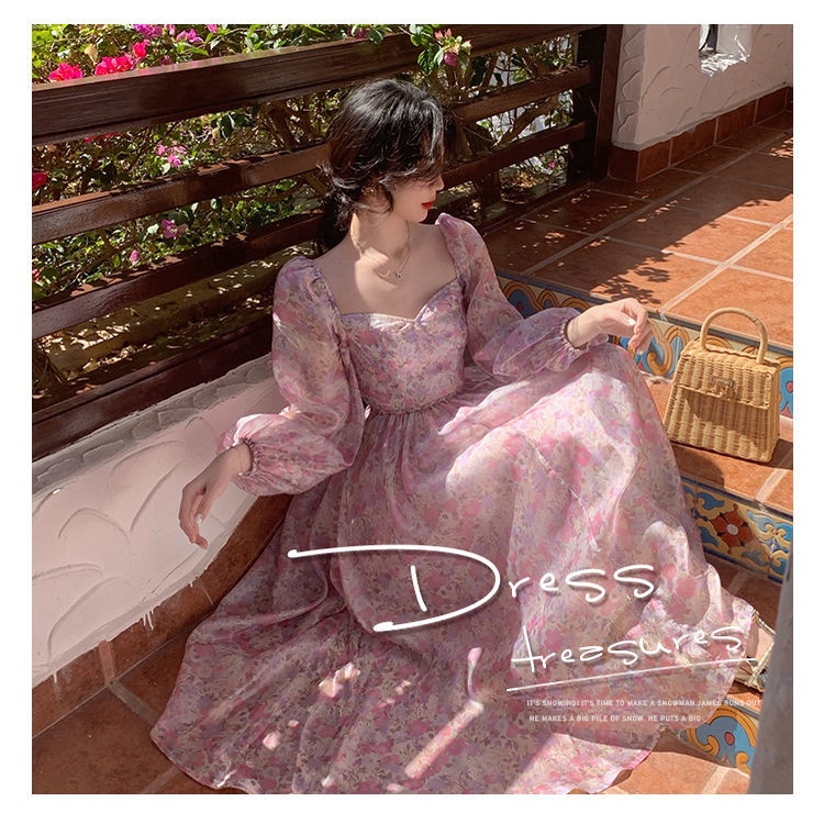 Đầm Dài Cổ Vuông Họa Tiết Hoa Phong Cách Retro