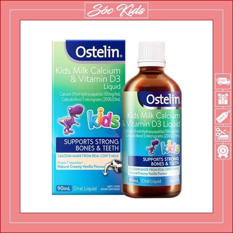 Ostelin Kids Milk Calcium &amp; Vitamin D3 Liquid Dạng Siro Cho Bé 7 Tháng Tuổi - CHUẨN ÚC | DATE 2024 | 90 ML | SÓC KIDS