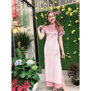 Set áo dài nhung kèm tuban. Shop chụp thiệt hình nhen cả nhà