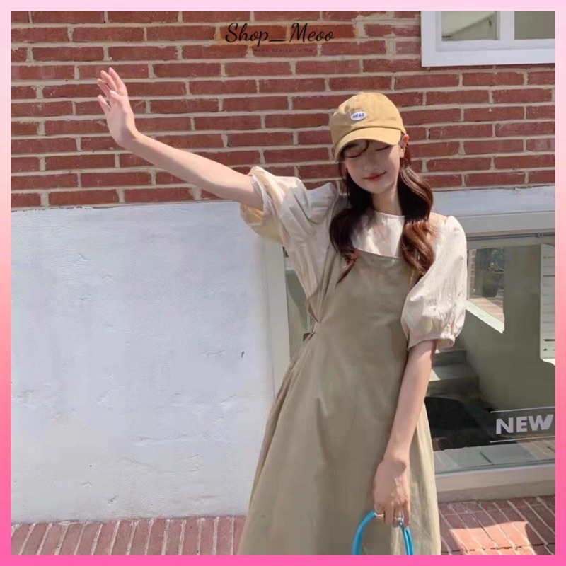 Váy yếm nữ kèm áo tay bồng đầm dự tiệc váy cưới phong cách tiểu thư Hàn Quốc hai màu đen, kaki thời trang