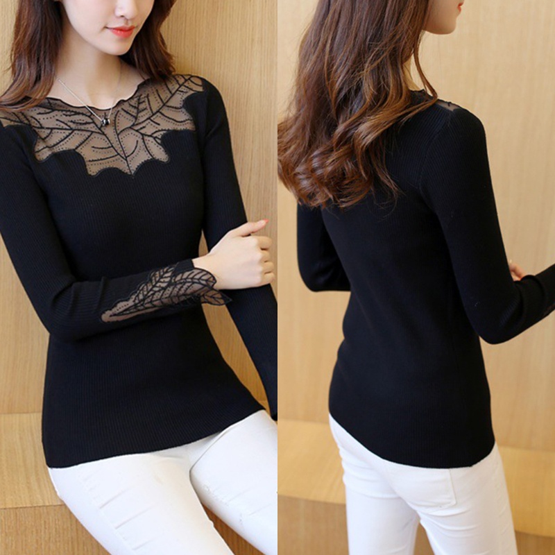 Áo Kiểu Tay Dài Phối Ren Hoa Chất Liệu Co Giãn Thời Trang Dành Cho Nữ