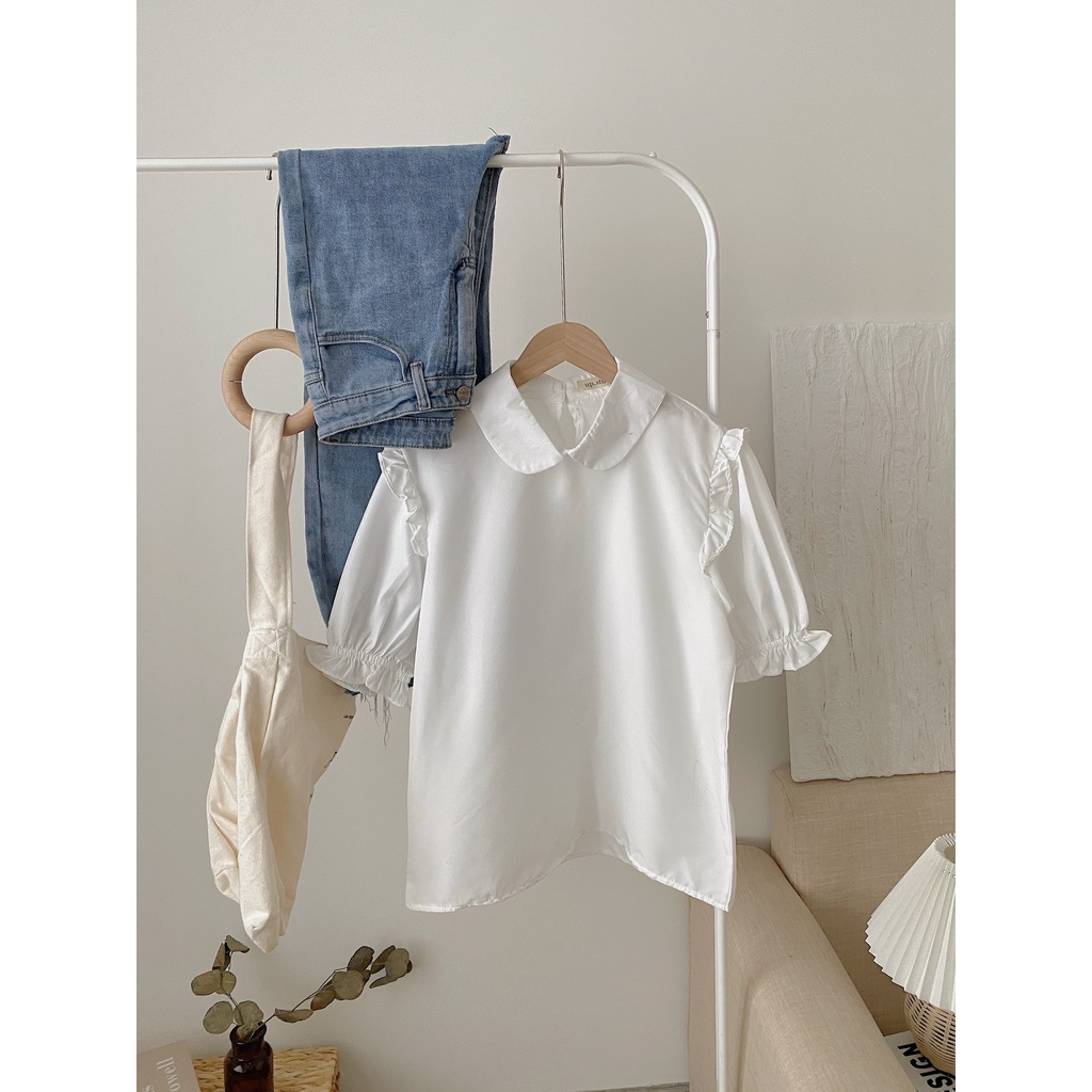 Áo sơ mi trắng nữ cổ sen dài tay màu trắng đẹp, Sơ mi kiểu bánh bèo tiểu thư Hàn Quốc Rubyshop94