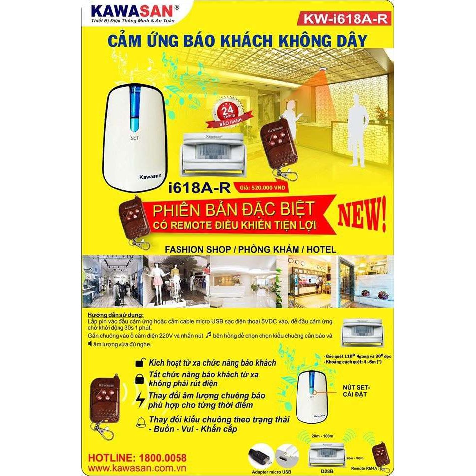 Chuông báo khách không dây cao cấp có điều khiển tắt mở chuông Kawasan I618A-R