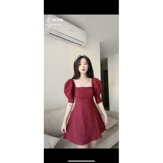 Váy đỏ tay bồng thiết kế tiểu thư