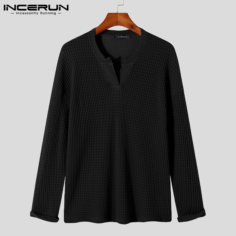 Áo thun nam INCERUN tay dài cổ v màu trơn dáng rộng thoải mái