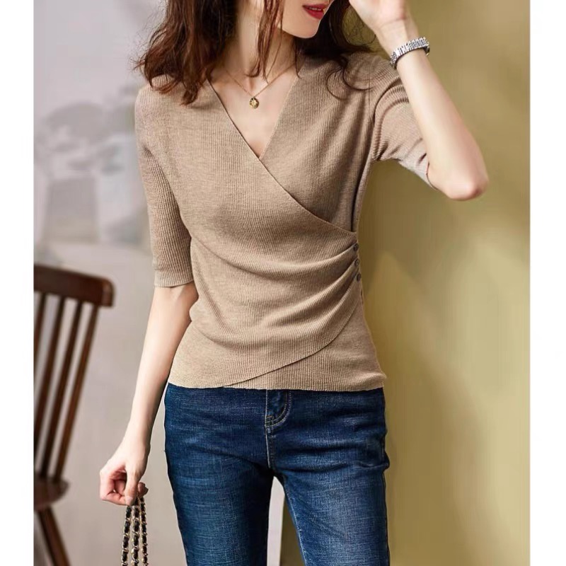 MS426 Áo len tăm vạt chéo cổ tim