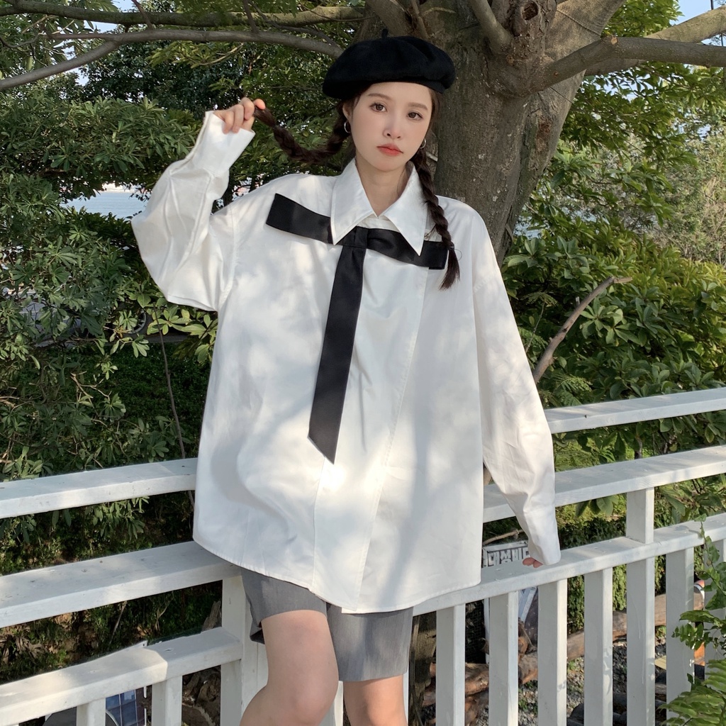 Áo Sơ Mi Tay Dài Dáng Rộng Cổ Thắt Nơ Thời Trang Cho Nữ