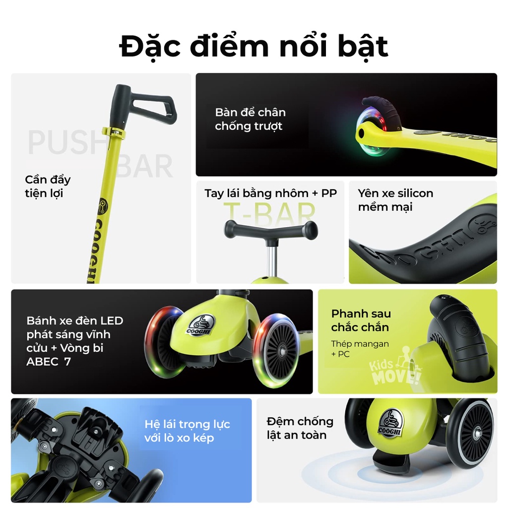 Xe scooter 3 in 1 Cooghi Velo Kids cho bé 1-5 tuổi kết hợp chòi chân có cần đẩy, đèn LED