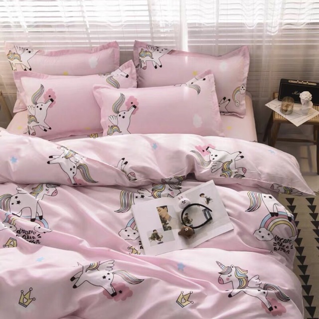 Set Chăn Ga Gối Poly Cotton Ngựa Unicorn Hồng