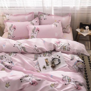 Set Chăn Ga Gối Poly Cotton Ngựa Unicorn Hồng