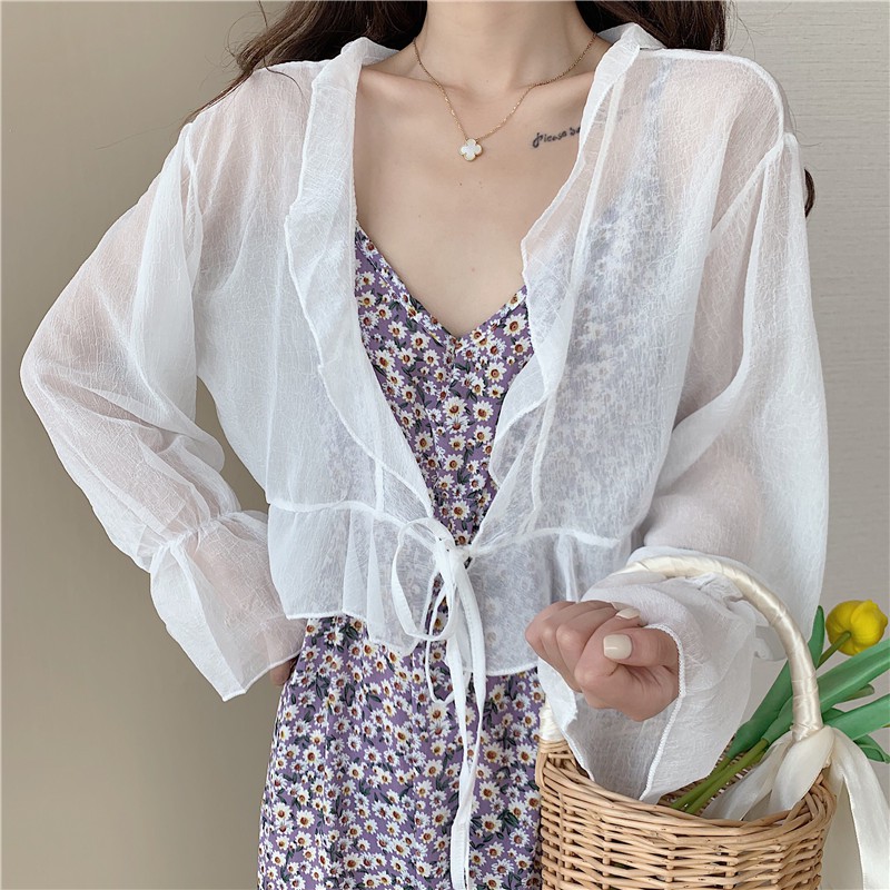 [CÓ SẴN] Áo Khoác Voan Trắng Viền Bèo Ulzzang Trắng mỏng