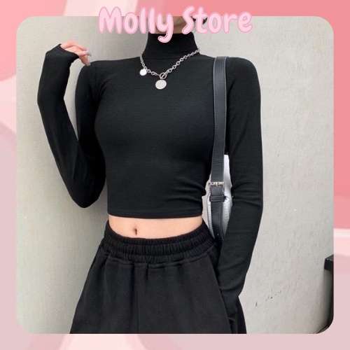Áo nữ kiểu croptop Molly tay dài cổ lọ cao dáng ôm body chất thun mềm mại dễ phối hai màu đen/trắng