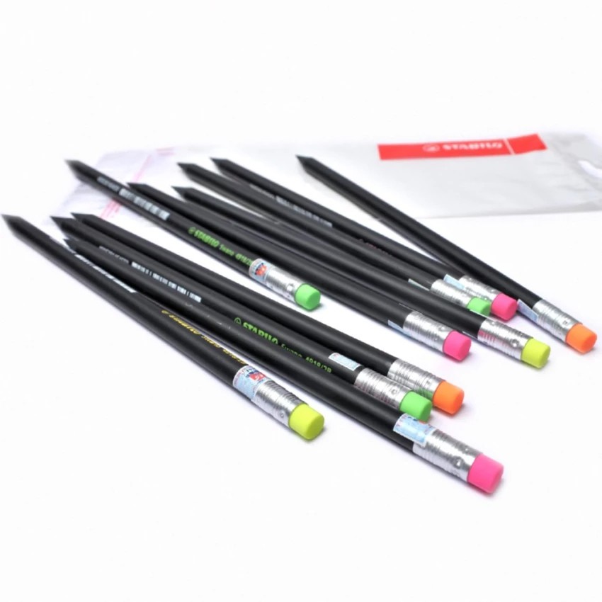 Bộ 6 cây bút chì gỗ STABILO Swano 2B thân đen có đầu tẩy+ chuốt chì PS4538 + tẩy ExamGrade ER196E (P4918-C6S+)