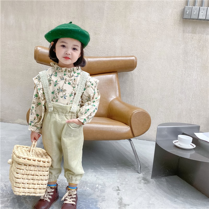 Set thời trang thu đông áo búp bê + quần yếm ren vải nhung cho bé - Hàng Quảng Châu cao cấp