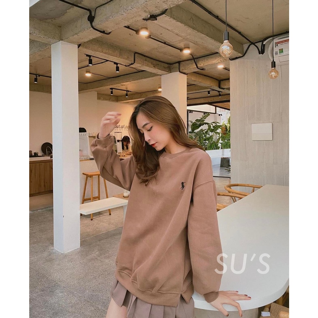 Áo nỉ bông sweater form rộng tay dài nam nữ cổ tròn mặc đôi hàn quốc 3 màu đen tàn nâu logo thêu Unisex Ulzzang