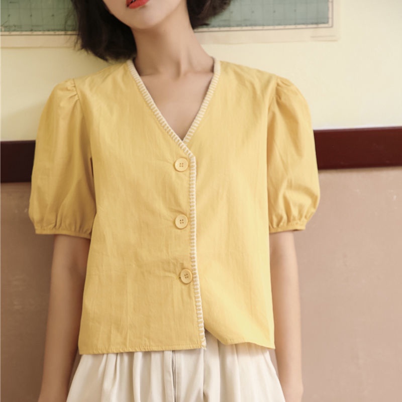 Áo Sơ Mi Tay Ngắn Cổ Chữ V Dáng Rộng Phong Cách Nhật Bản Thời Trang Cho Nữ