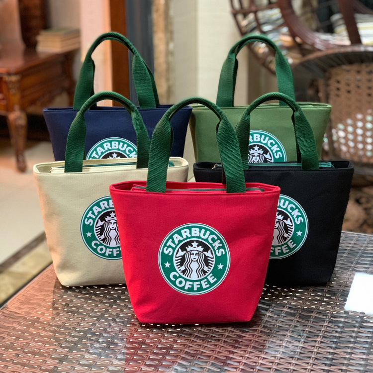Túi vải canvas đựng hộp cơm trưa in logo Starbucks đẹp mắt
