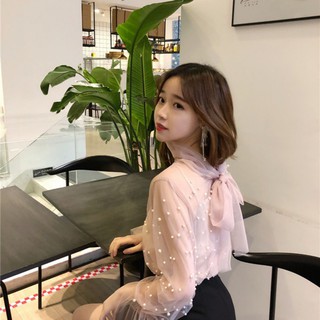 Áo dài tay thắt nơ cổ cho nữ