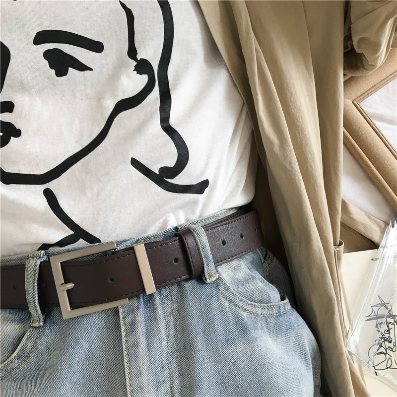 Thắt lưng da nam nữ BROO mặt vuông chữ nhật màu bạc đẹp, dây nịt lưng ulzzang unisex bản dây 3.3cm