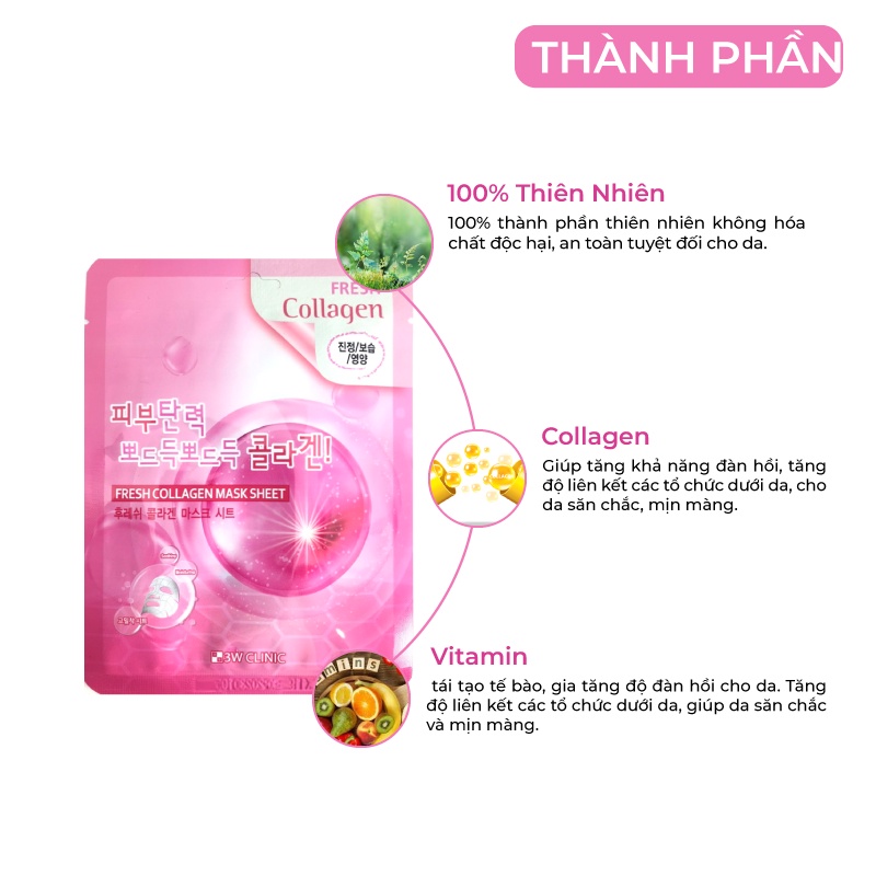 Combo 10 Túi Mặt nạ giấy - Mặt nạ dưỡng da chiết xuất từ Collagen 3W Clinic Hàn Quốc 23mlx10