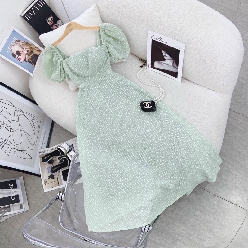 đầm dài xanh ren bi cutout khoen lưng