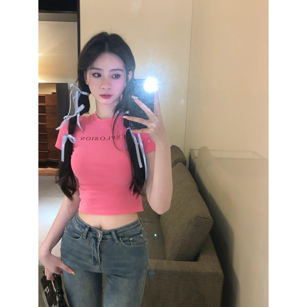 Áo Thun Lửng Ngắn Tay In Chữ Thời Trang Nữ Tính