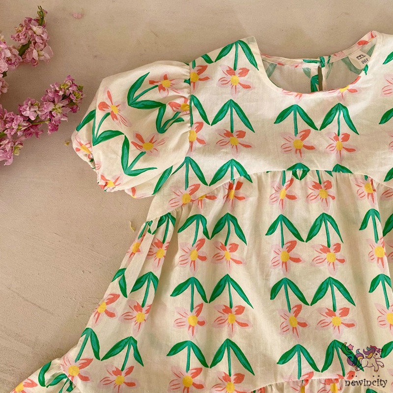 Đầm Công Chúa Tay Bồng In Hoa Phong Cách Hàn Quốc Dành Cho Bé Gái