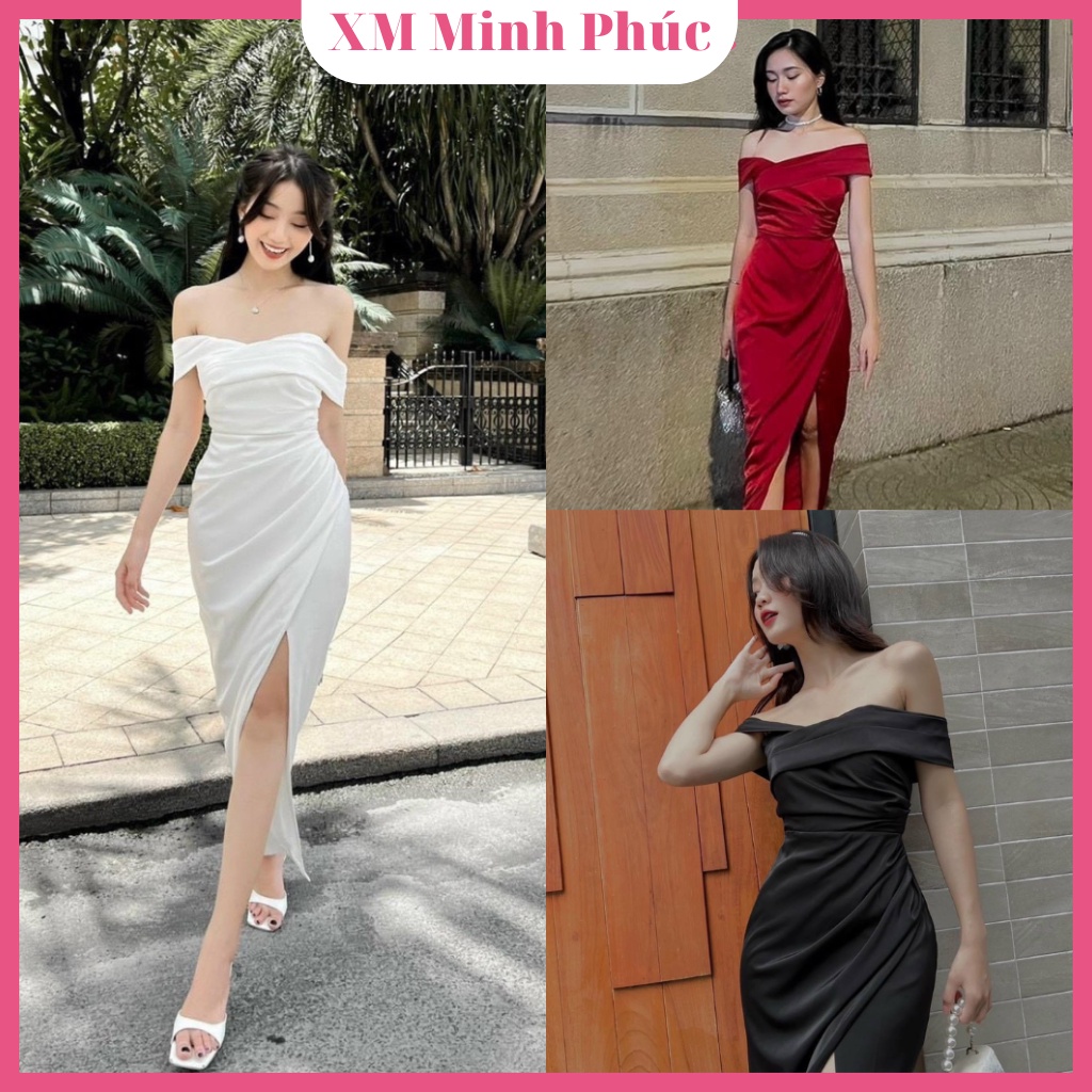 Đầm midi trắng trễ vai thiết kế ôm body xẻ tà, đầm đi tiệc cưới sang chảnh 3 màu đỏ, trắng, đen sexy nổi bật MP02