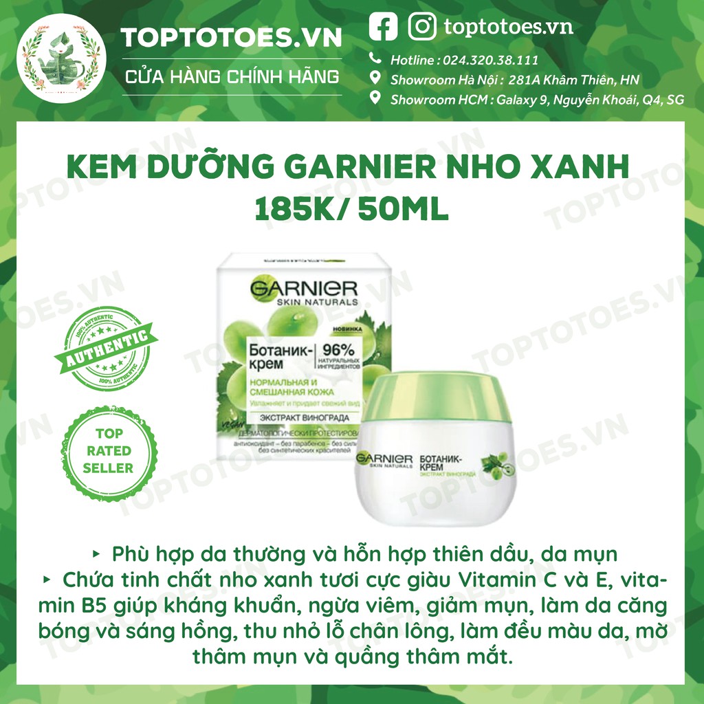 Kem dưỡng Garnier Botanical with Grape Water chứa chiết xuất nho xanh dưỡng ẩm, cho da mềm mịn, sáng hồng