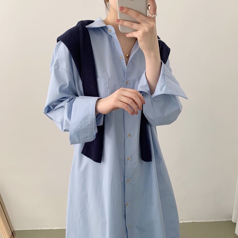 Đầm sơ mi dài tay dáng suông dài cho nữ màu xanh pastel mát mẻ phong cách Hàn Quốc