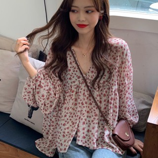 Áo voan hoa nhí tay bồng 2022, áo bánh bèo nữ tiểu thư tay dài cổ tim hàn quốc phong cách ulzzang