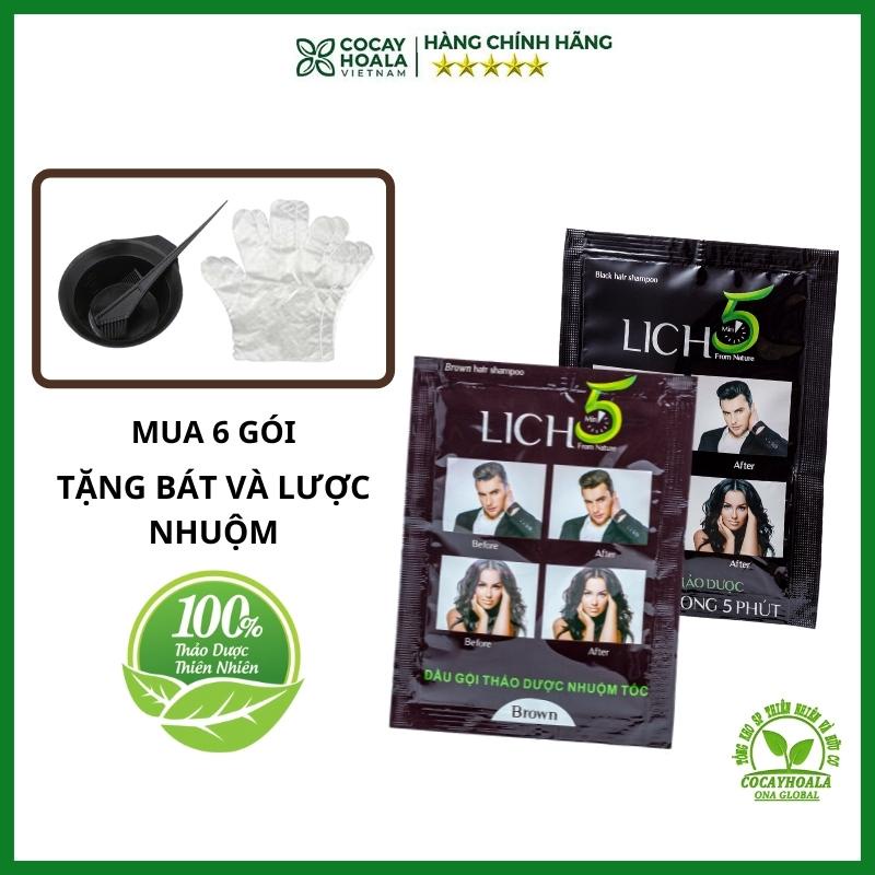 Nhuộm Tóc Thảo Dược Cỏ Cây Hoa Lá Dầu Gội Phủ Bạc Lich 5 phút tại nhà an toàn tiện lợi màu Đen Nâu Gói 30g