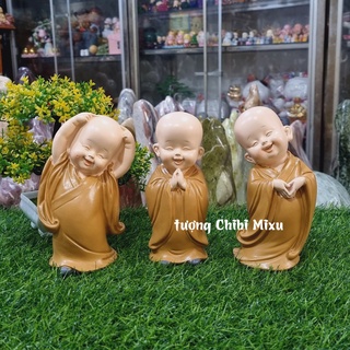 Bộ 03 tượng chú tiểu an nhiên, chú tiểu yêu đời màu áo nâu 16.5cm