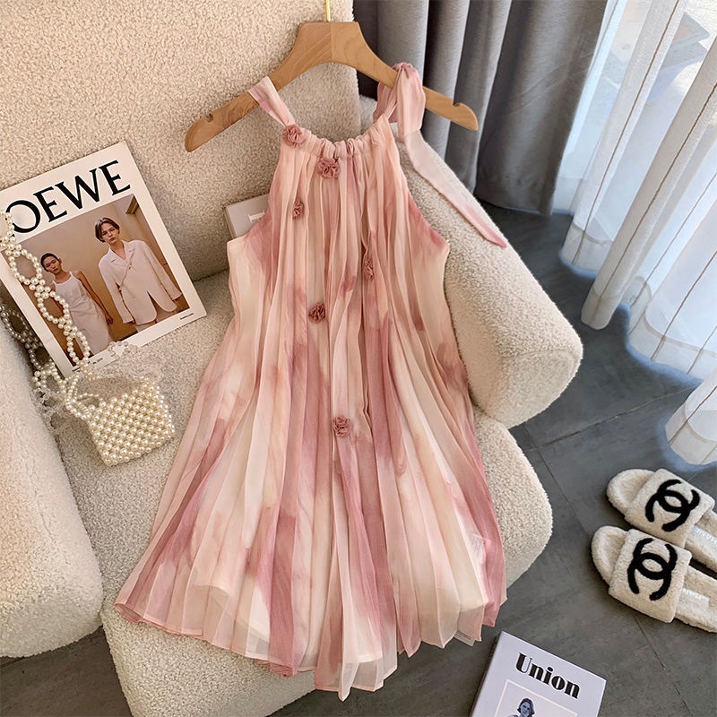 Đầm Chiffon Hai Dây In Họa Tiết Phong Cách Retro Pháp