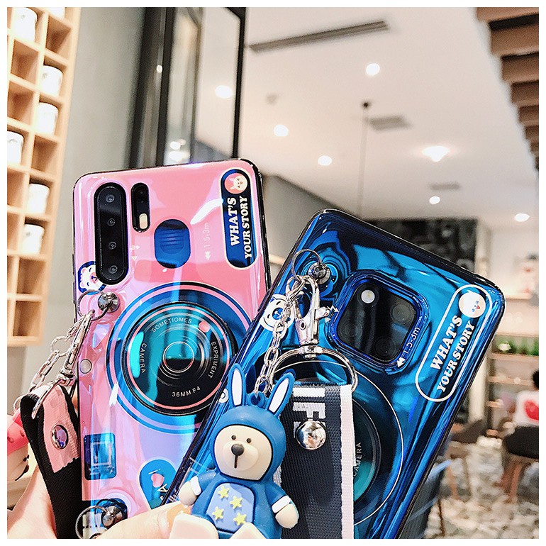 Ốp điện thoại silicone hình dạng camera có giá đỡ + dây đeo cho Samsung J2 J3 J4 J5 J6 J7 J8 pro prime plus 2017 2018