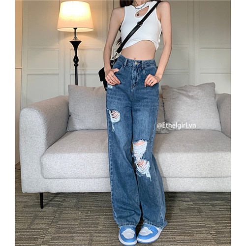 Quần Jeans Nữ Lưng Cao Ống Rộng Rách Gối