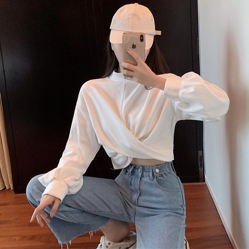 ÁO CROPTOP XOẮN EO DÀI TAY - ÁO SWEATER NỈ XOẮN EO TAY DÀI ĐEN TRẮNG XÁM ULZZANG