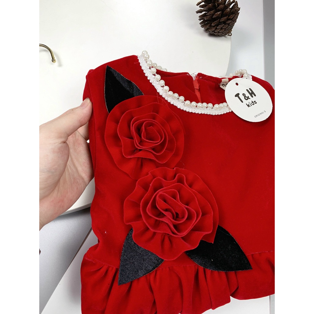 Váy bé gái nhung đỏ diện Noel diện tết hoa nhung đỏ cổ gắn cườm XHN819
