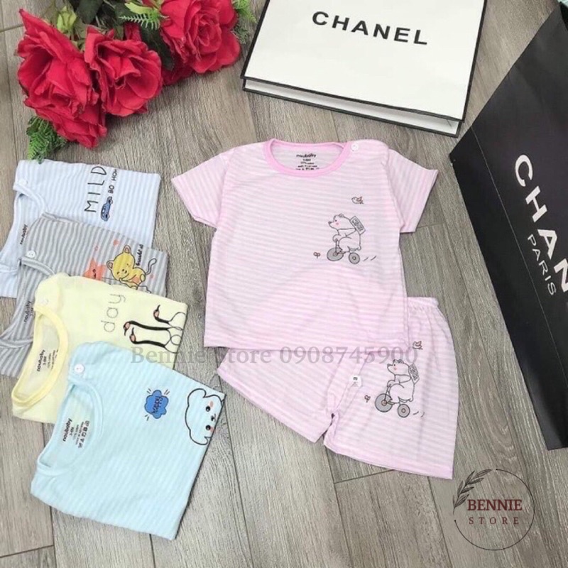 Bộ ngắn tay cho bé (4-14kg) BENNIE STORE Bộ cộc tay cotton giấy cài vai kẻ ngang Noubaby