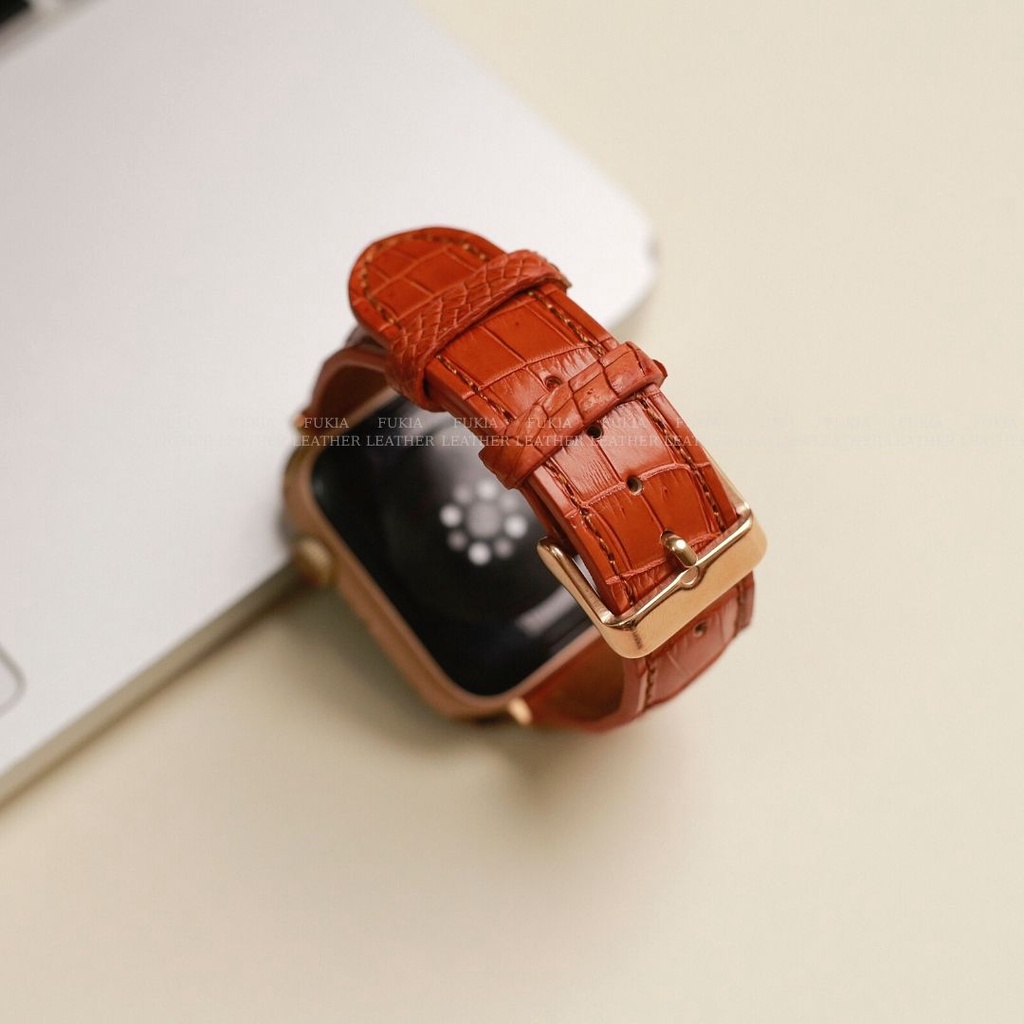Dây da cá sấu thủ công khâu máy nâu dành cho Apple Watch, đồng hồ thông minh, đồng hồ cơ