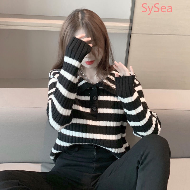 Áo sweater dệt kim tay dài kẻ sọc thời trang mùa xuân cho nữ