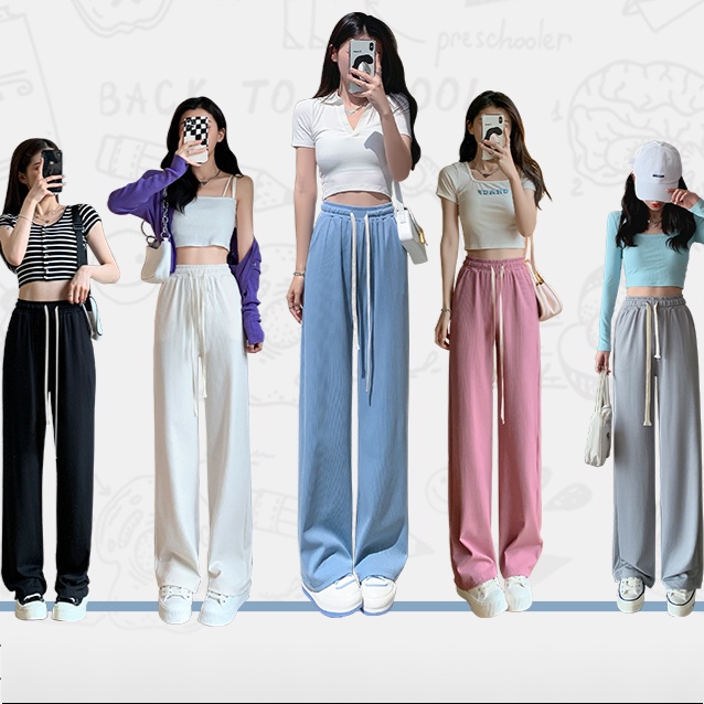 Quần Dài Ống Rộng Lưng Cao Vải Lụa Lạnh Mỏng Màu Xanh Dương Phong Cách Mới Thời Trang Mùa Hè