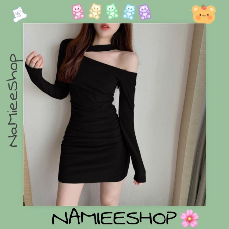 Váy body nữ chất nỉ dài tay khoét vai thiết kế rút hông sexy