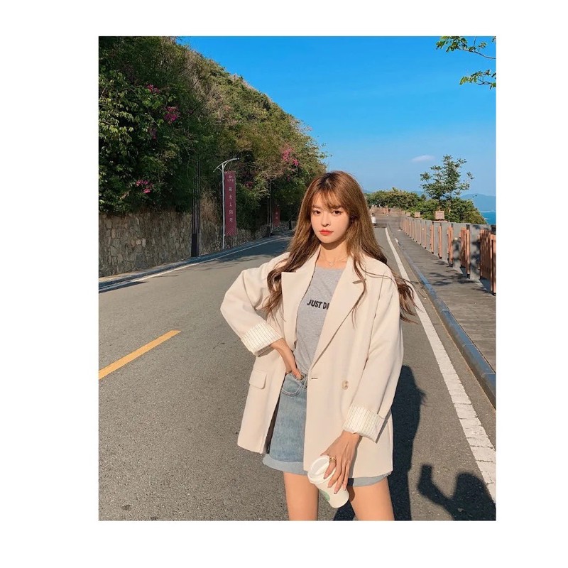 Áo blazer phong cách Ulzzang Hàn Quốc loại 1 màu be và đen dành cho nữ chất đẹp dáng vest dài tay phom rộng cá tính | BigBuy360 - bigbuy360.vn