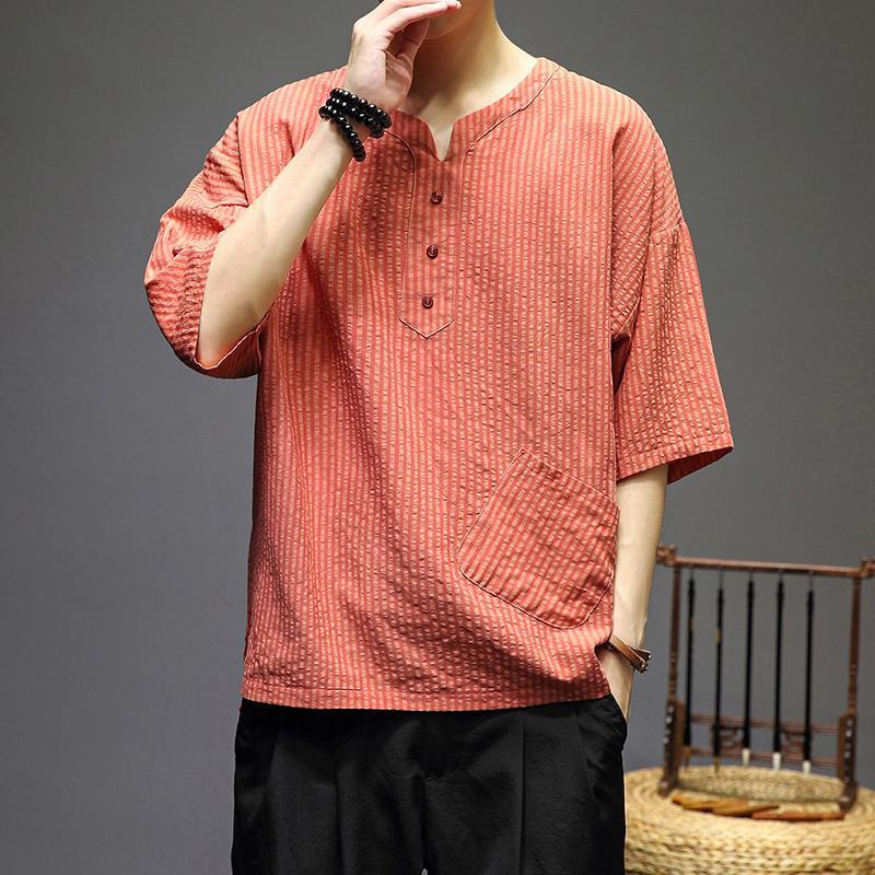 Áo Thun Cotton Lanh Tay Ngắn Dáng Rộng Họa Tiết Kẻ Sọc Phong Cách Trung Hoa Cho Nam